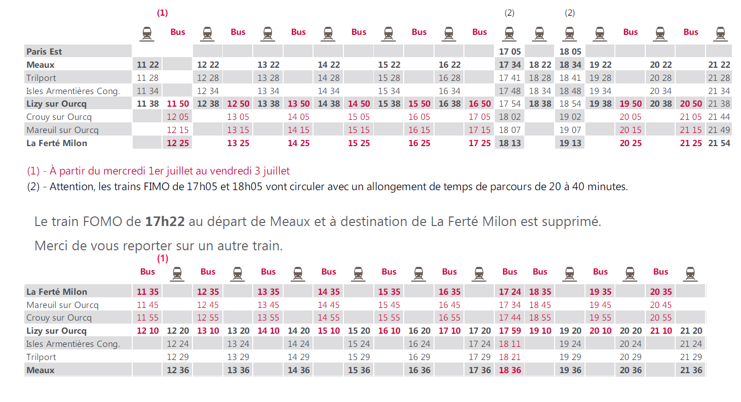 Horaire Train Meaux Gare De L Est Info trafic Fortes chaleurs: PARIS EST / MEAUXLA FERTÉ MILON DU MARDI 30  JUIN AU VENDREDI 3 JUILLET